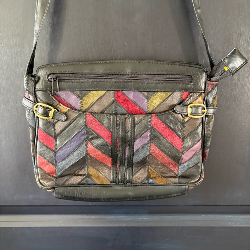 Vintage Chevron Pattern Patchwork Crossbody Bag - image 1